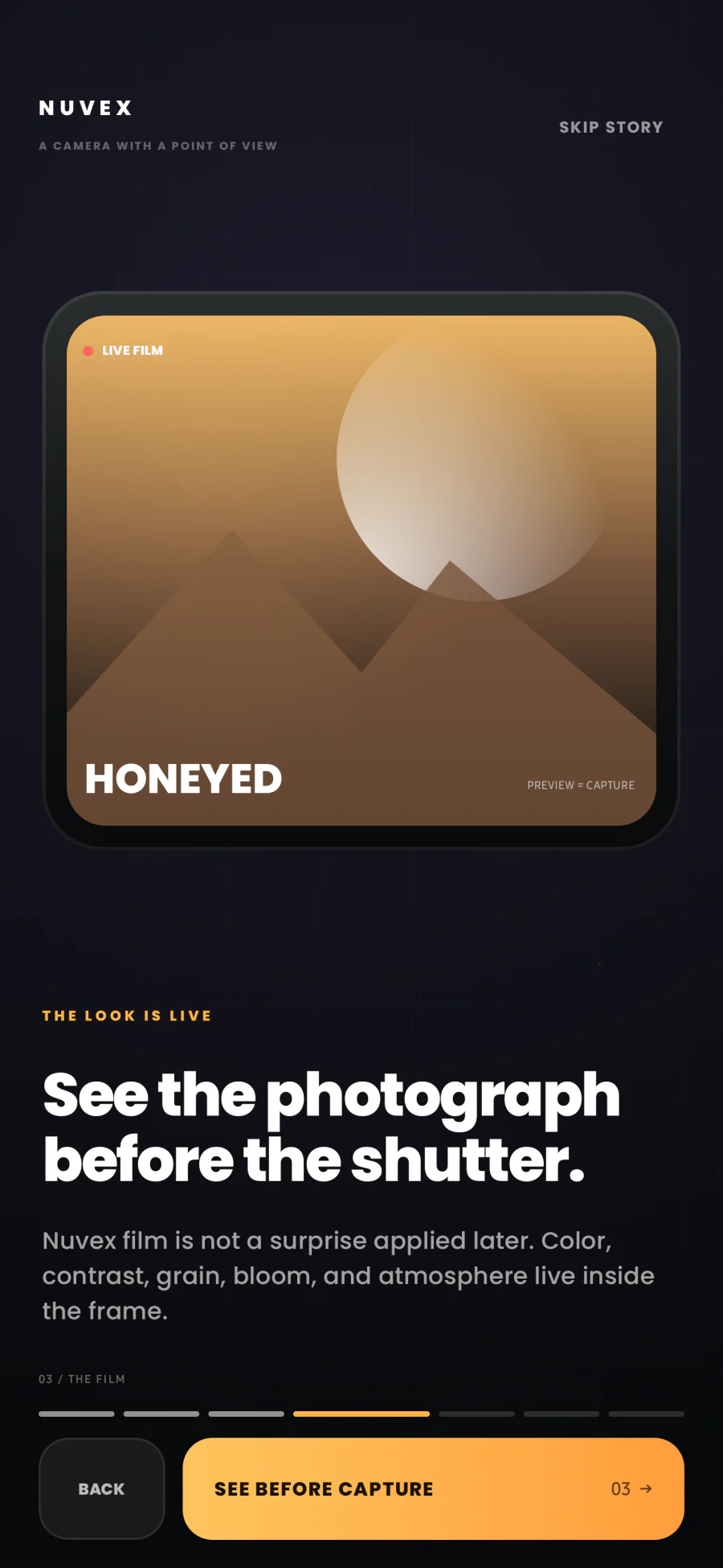 Nuvex onboarding demonstrating a film look live in the frame