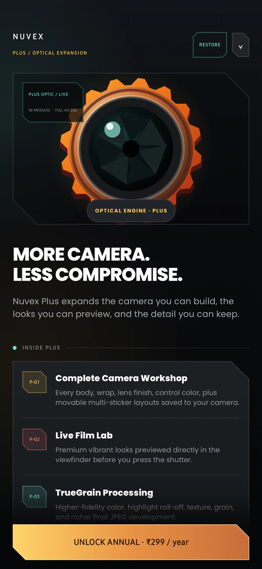 Nuvex Plus feature screen